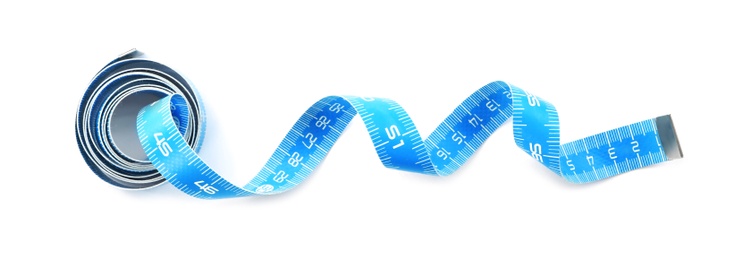 Photo of Long light blue measuring tape isolated on white, top view