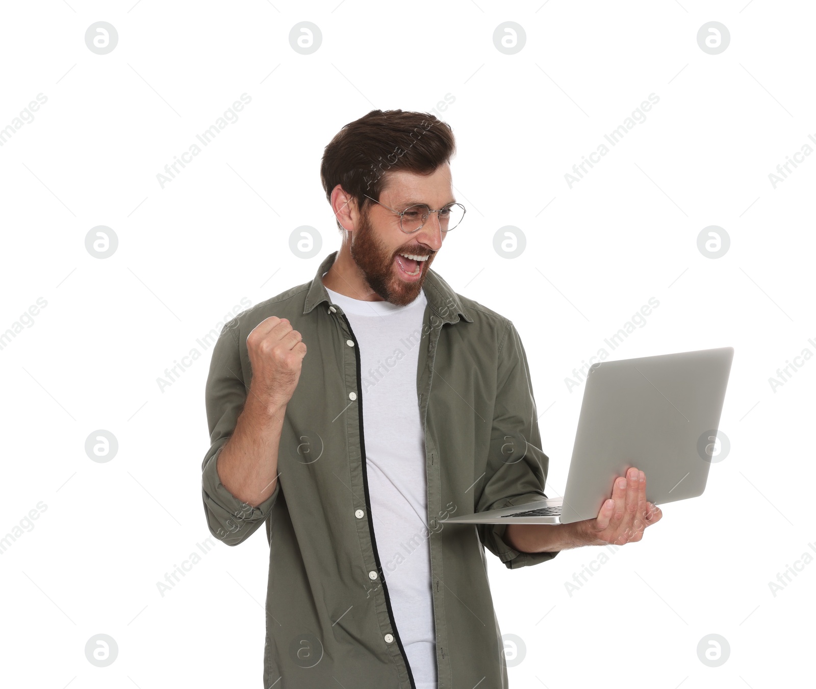 Photo of Happy handsome man with laptop on white background