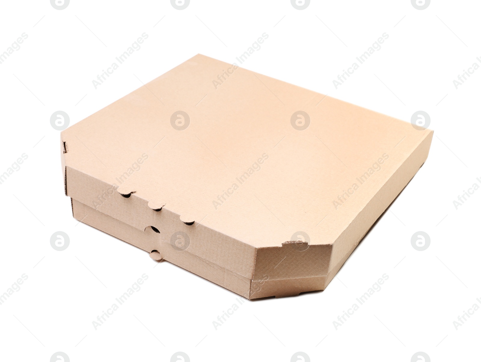 Photo of Cardboard pizza box on white background. Mockup for design