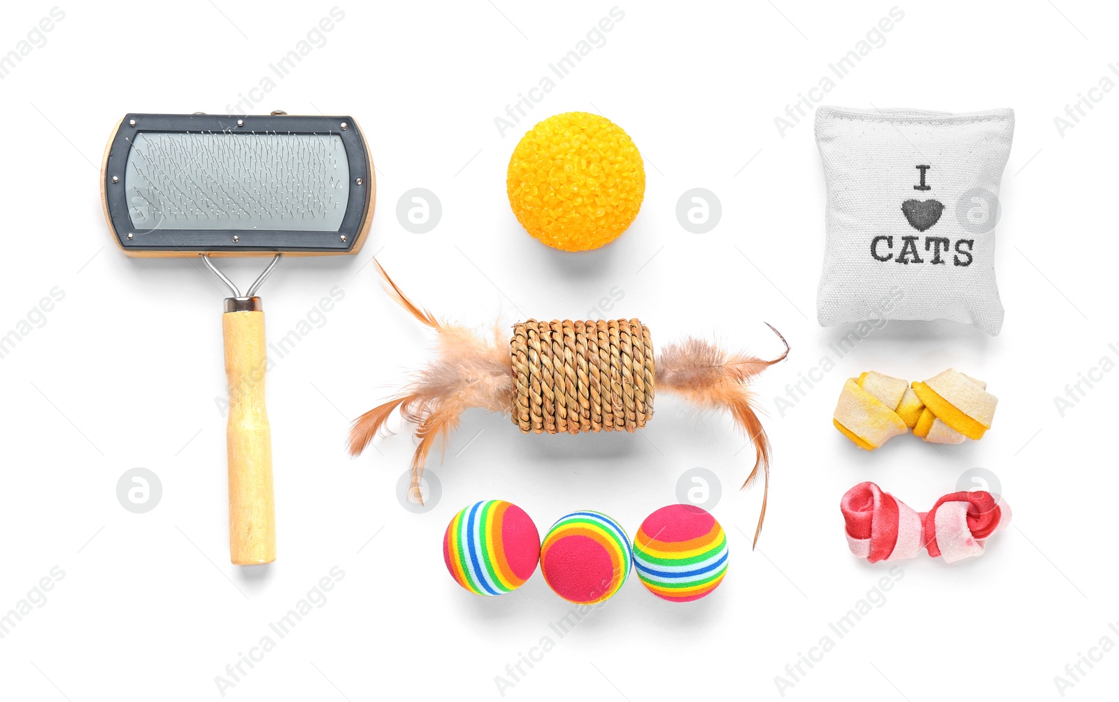 Photo of Cat's accessories on white background