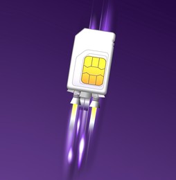 Fast internet connection. SIM card rocket flying on purple background