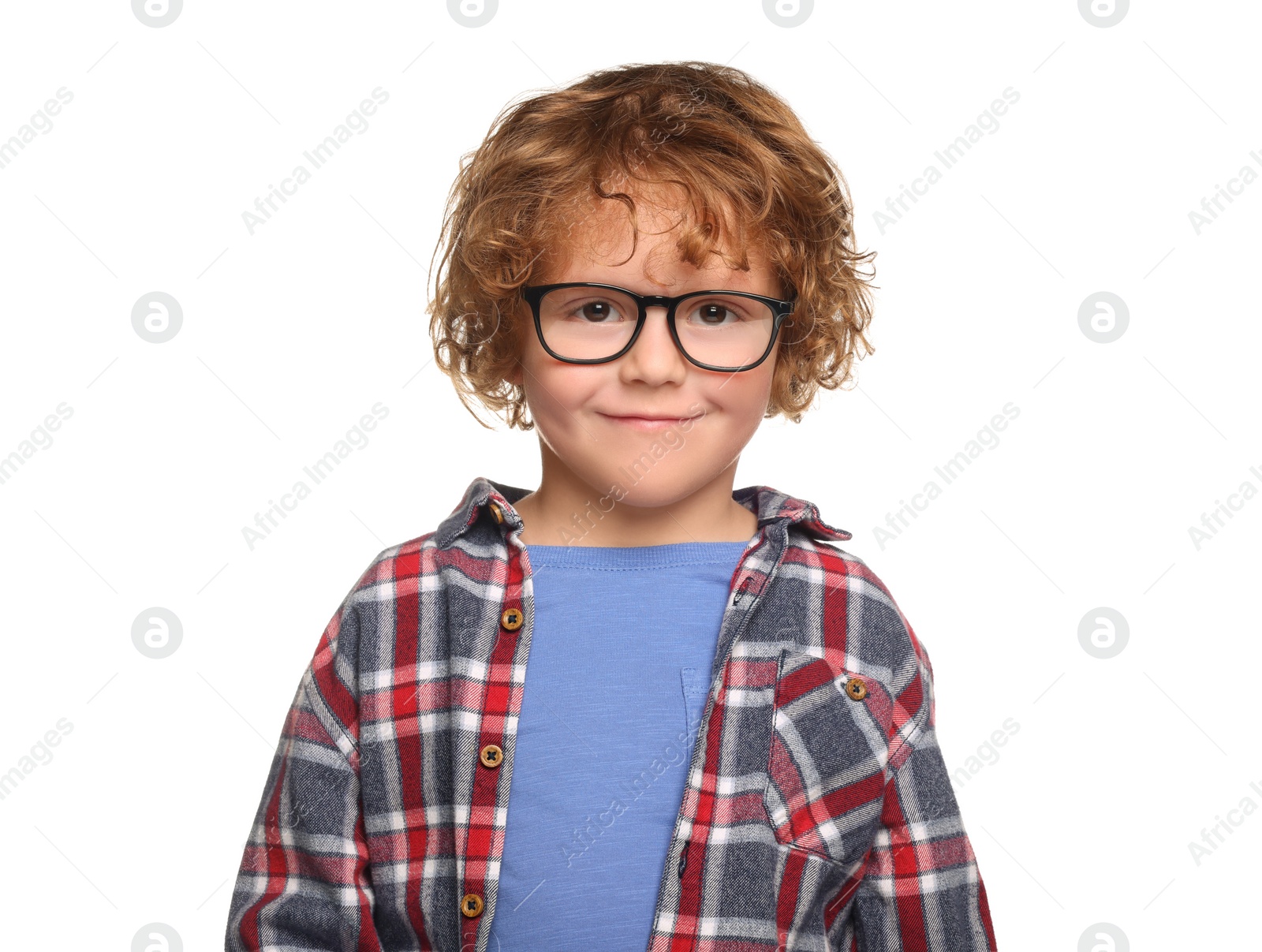 Photo of Cute boy wearing glasses on white background