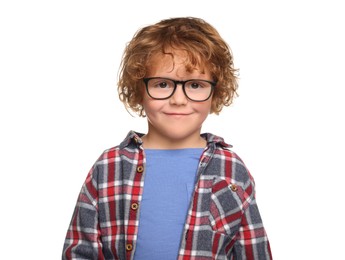 Cute boy wearing glasses on white background