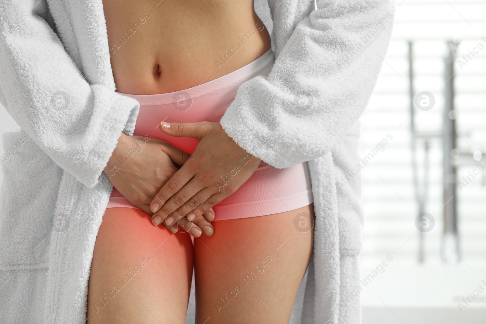 Image of Woman suffering from cystitis symptoms indoors, closeup