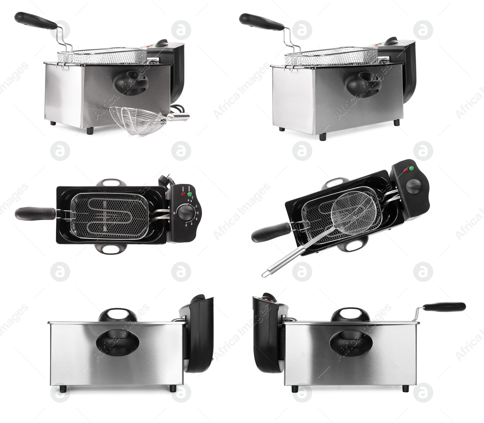 Image of Set with modern deep fryers on white background