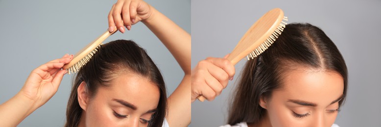 Woman before and after hair treatment with high frequency darsonval device on grey background, closeup. Collage of photos