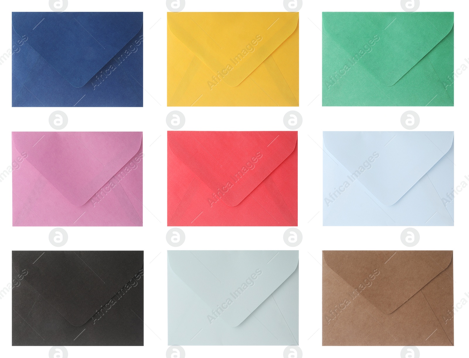 Image of Set of bright envelopes on white background