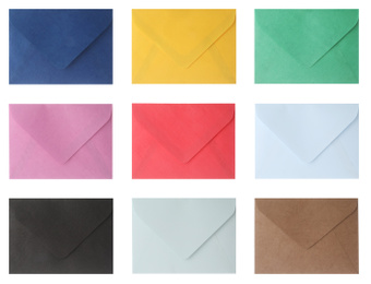 Image of Set of bright envelopes on white background