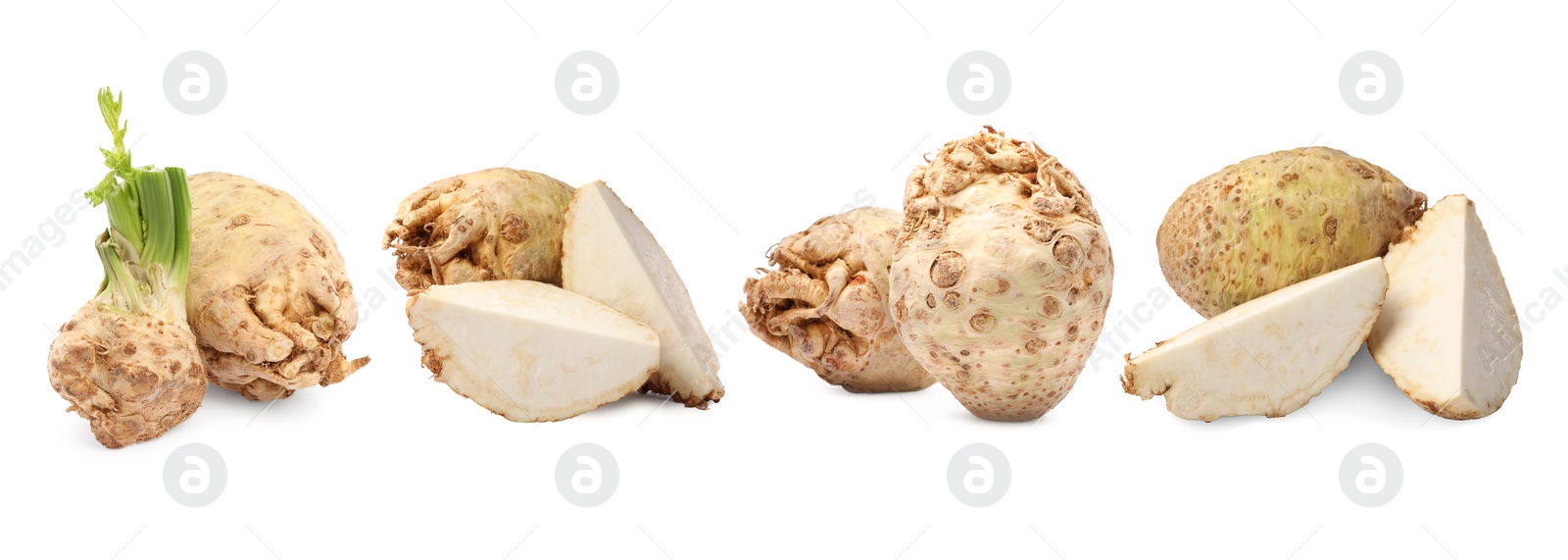 Image of Whole and sliced celery roots isolated on white, set