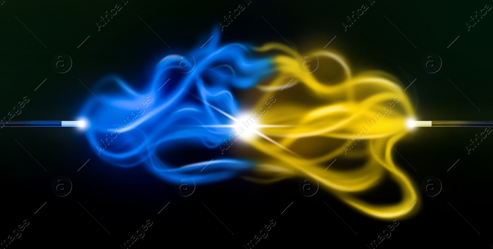 Image of Magic wands with fairy sparkles opposing each other on black background. Banner design