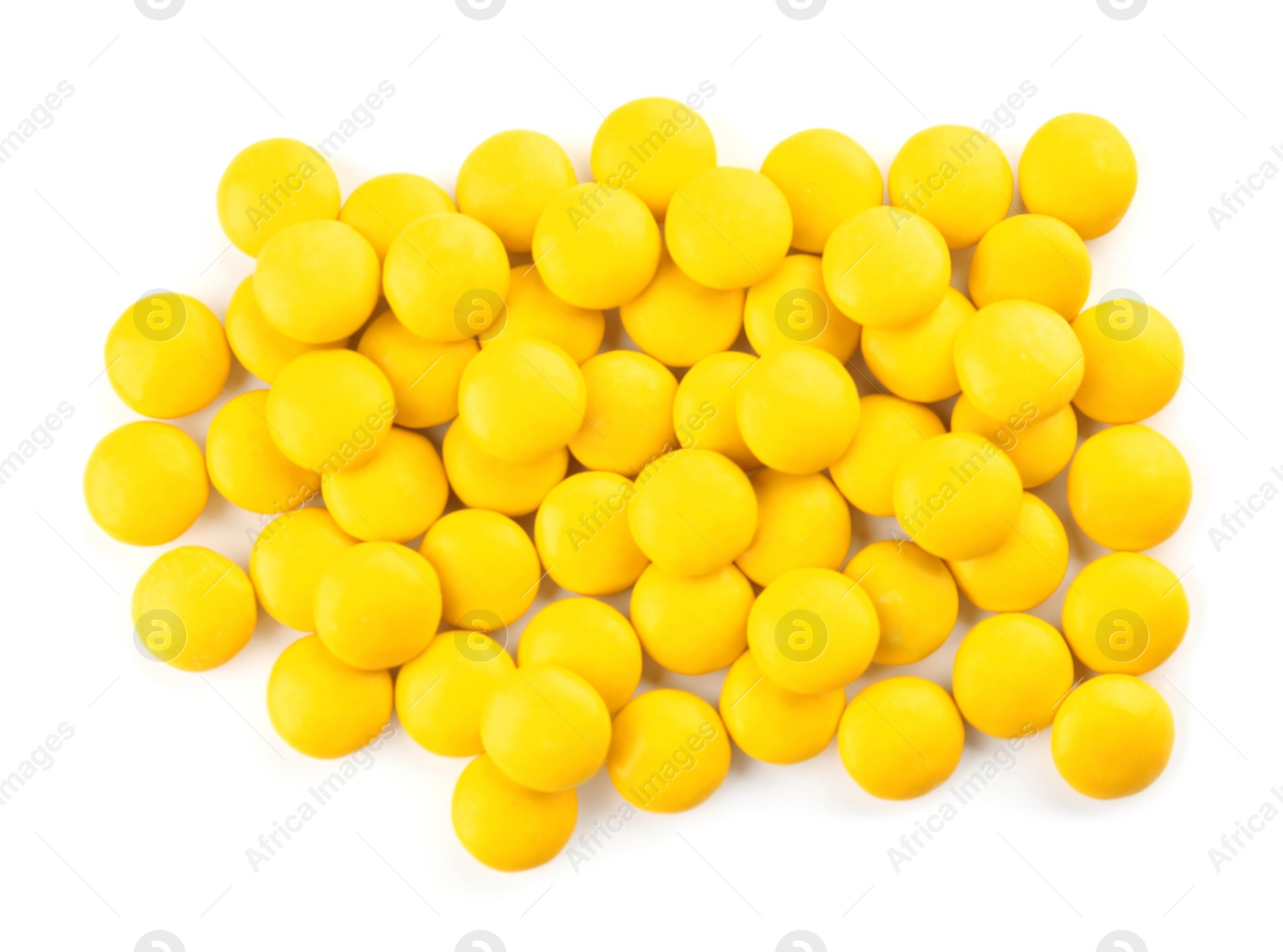 Photo of Tasty colorful candies on white background, top view