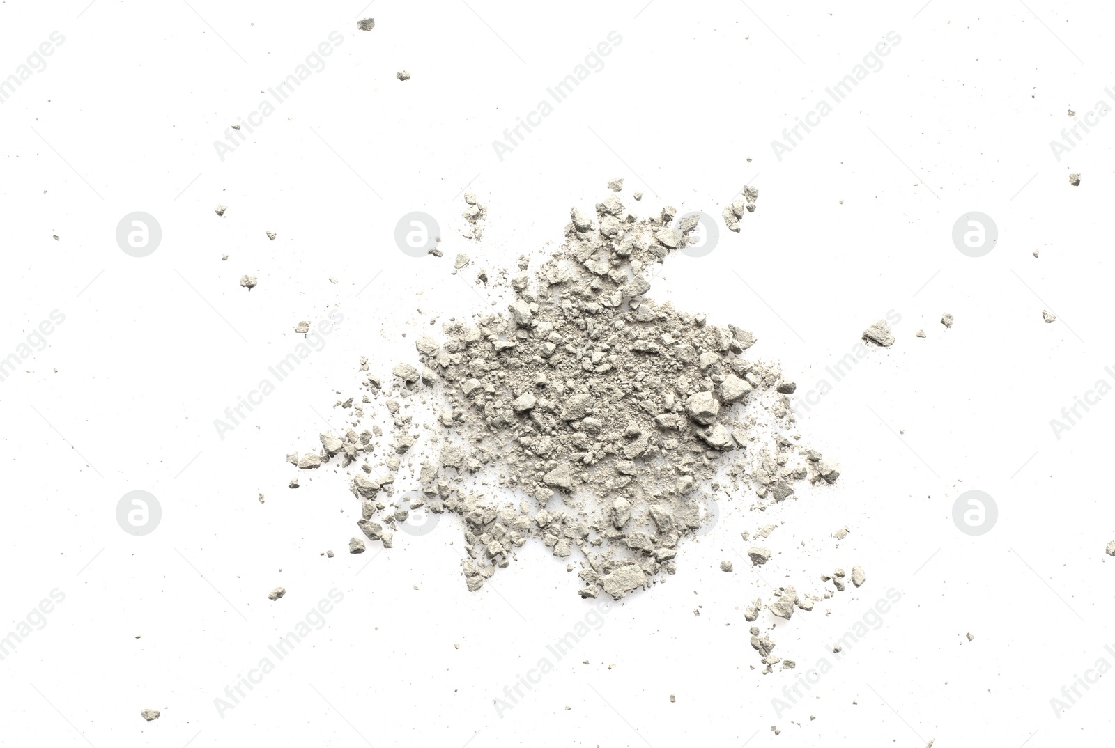 Photo of Pile of light dust scattered on white background, top view