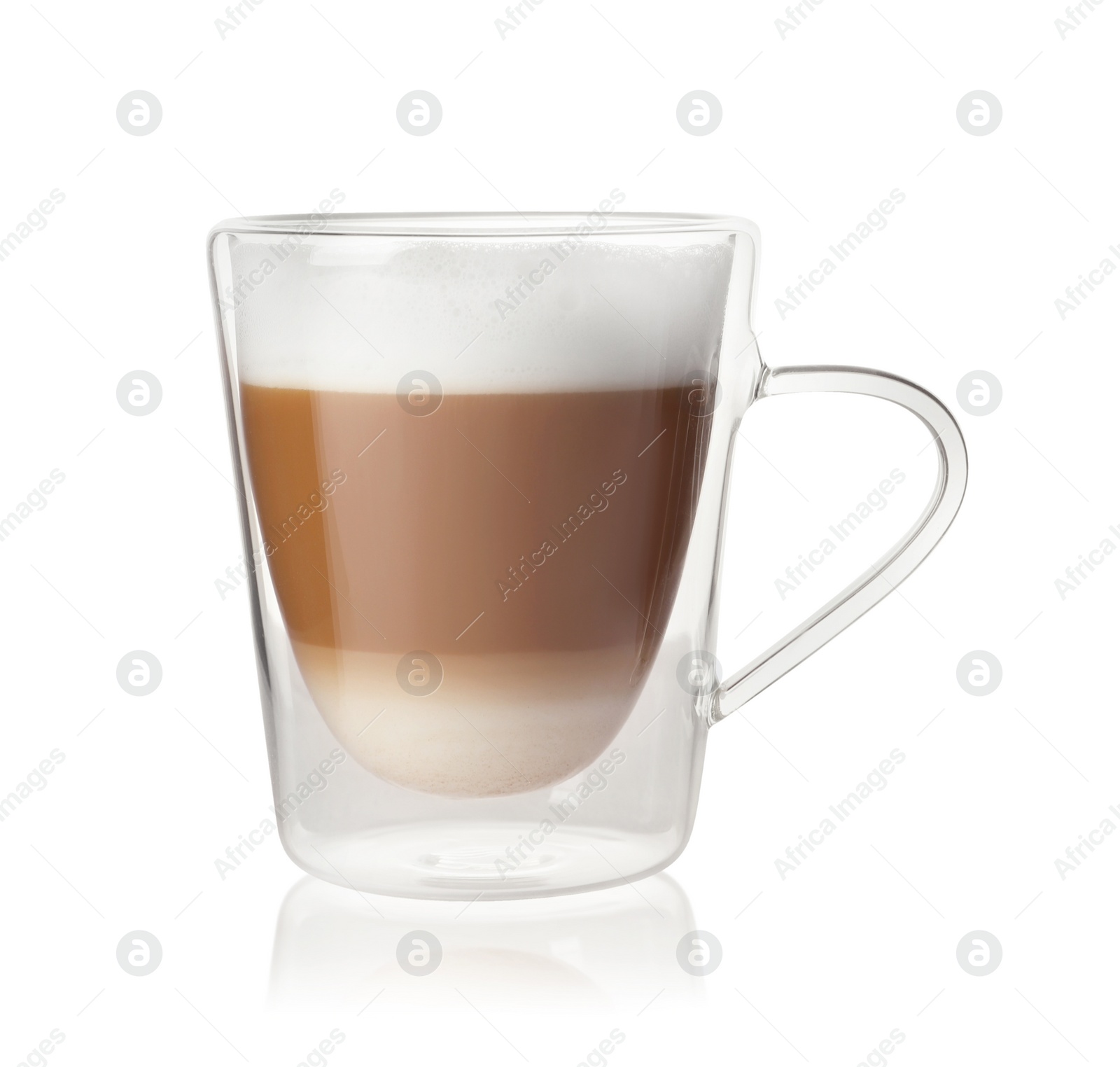 Photo of Hot coffee with milk in glass cup isolated on white