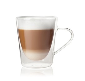 Photo of Hot coffee with milk in glass cup isolated on white