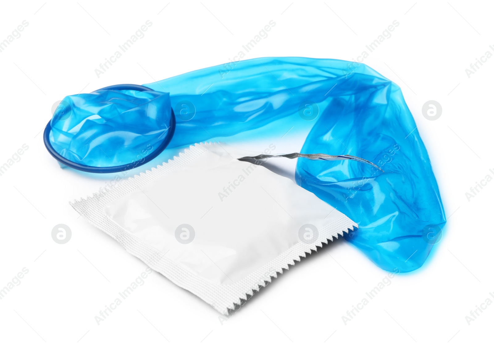 Image of Unrolled blue condom and package on white background. Safe sex