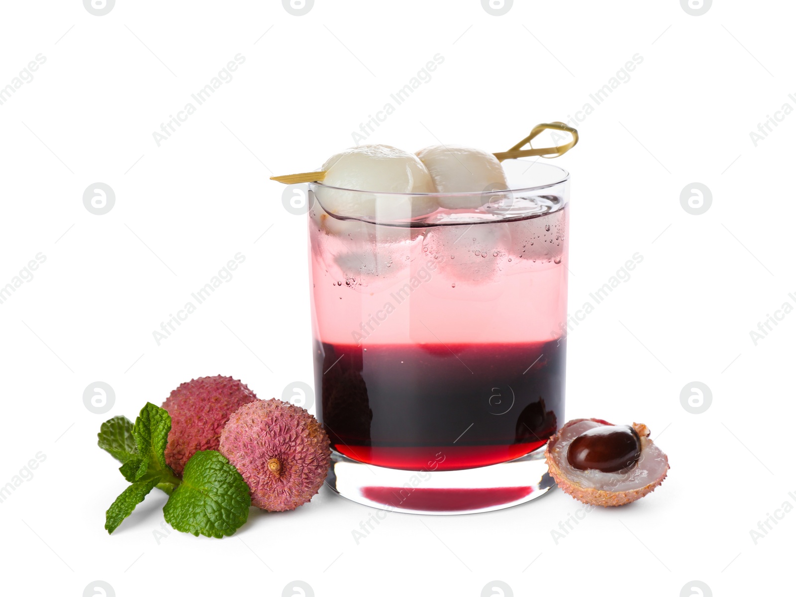 Photo of Lychee cocktail with fresh fruits on white background