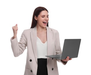 Photo of Beautiful businesswoman in suit using laptop on white background