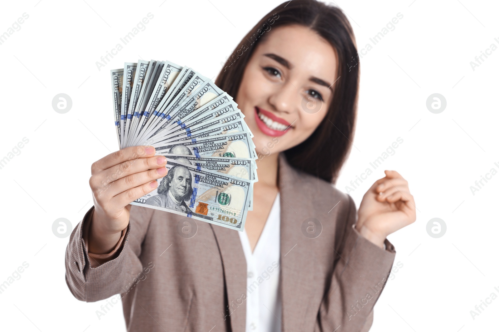 Photo of Portrait of happy young businesswoman with money on white background