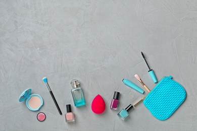 Photo of Flat lay composition with cosmetic products on grey background