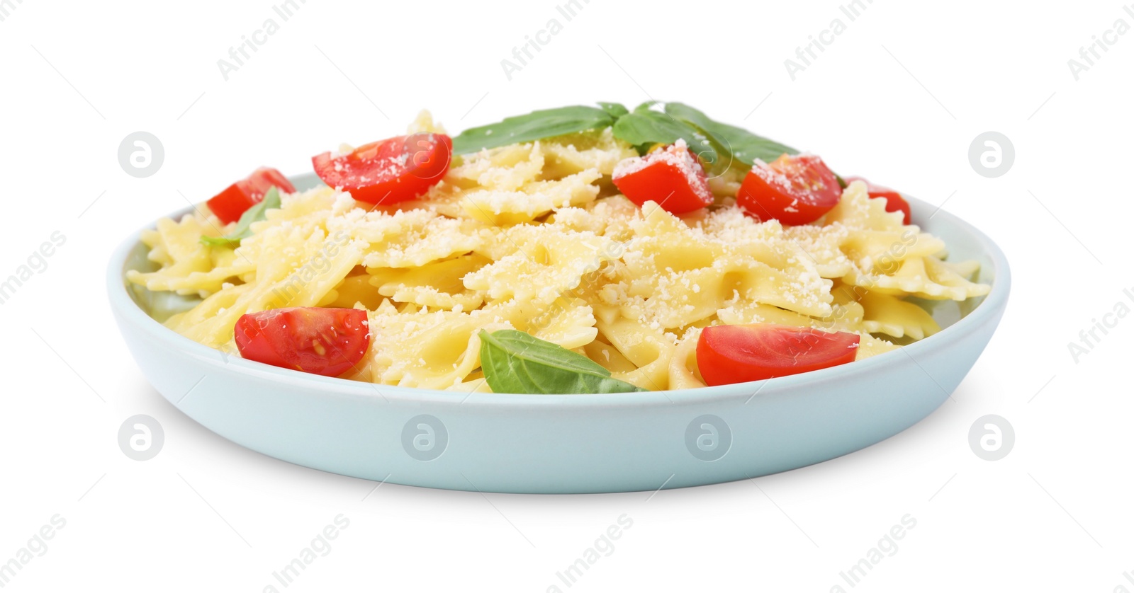 Photo of Tasty pasta with tomato, cheese and basil isolated on white