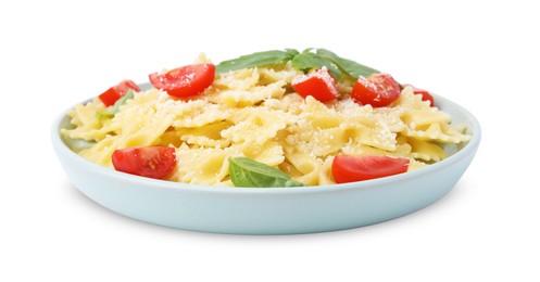 Photo of Tasty pasta with tomato, cheese and basil isolated on white