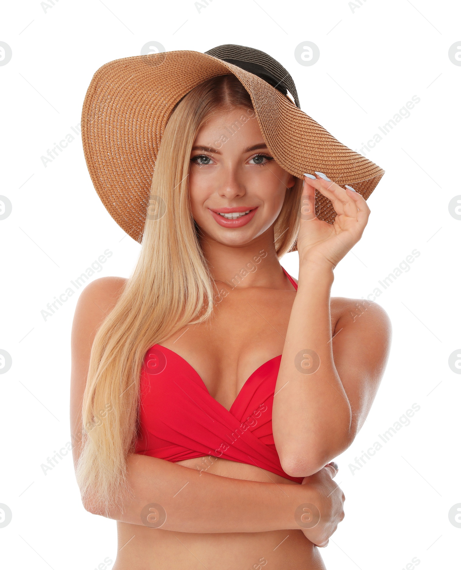 Photo of Pretty young woman wearing stylish bikini on white background