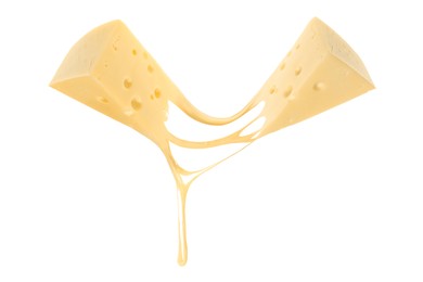 Image of Tasty cheese stretching in air on white background