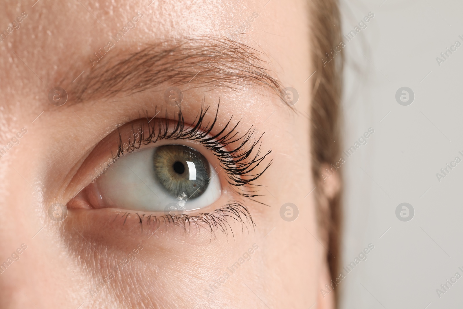 Photo of Macro photo of woman with beautiful eyes on light background