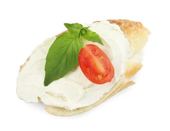 Photo of Bruschetta with cream cheese, tomato and basil leaves isolated on white, top view