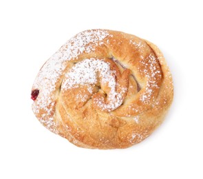 Photo of Delicious roll with jam and powdered sugar isolated on white, top view. Sweet bun