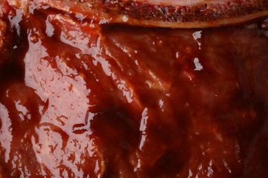 Photo of Raw marinated meat as background, closeup view