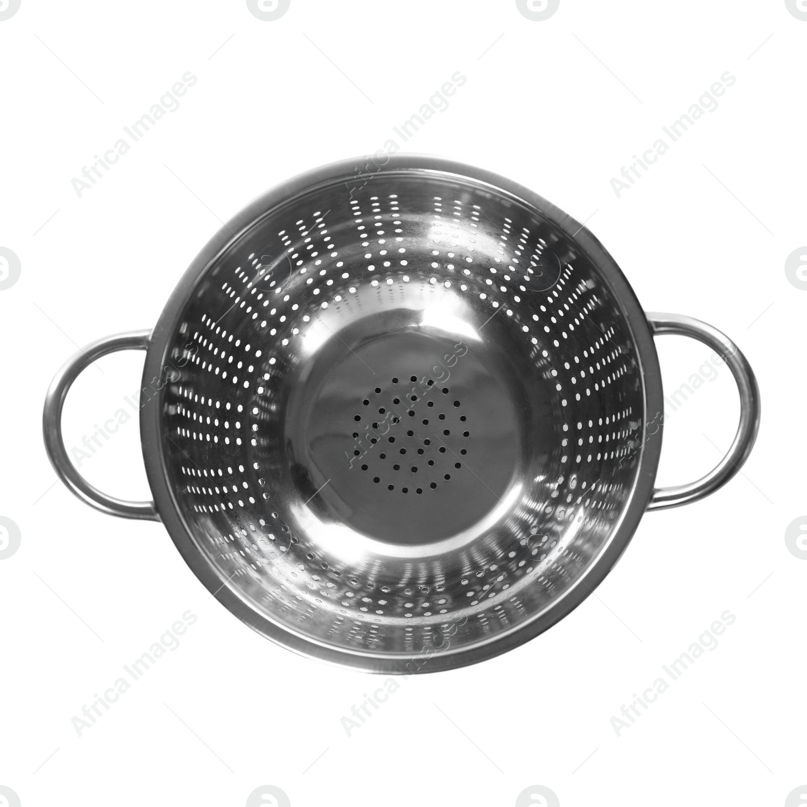 Photo of One metal colander isolated on white, top view