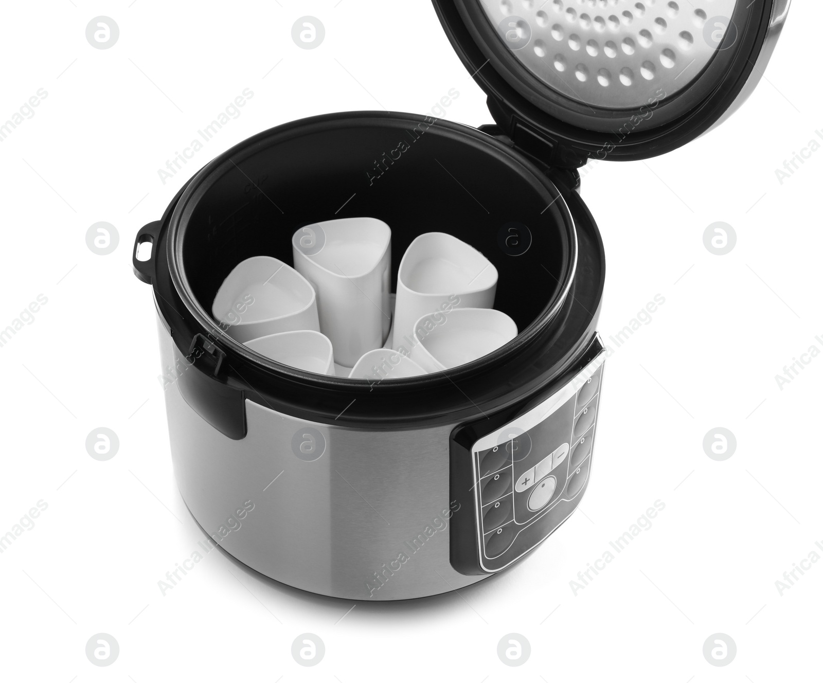 Photo of Modern multi cooker with cups for yogurt isolated on white