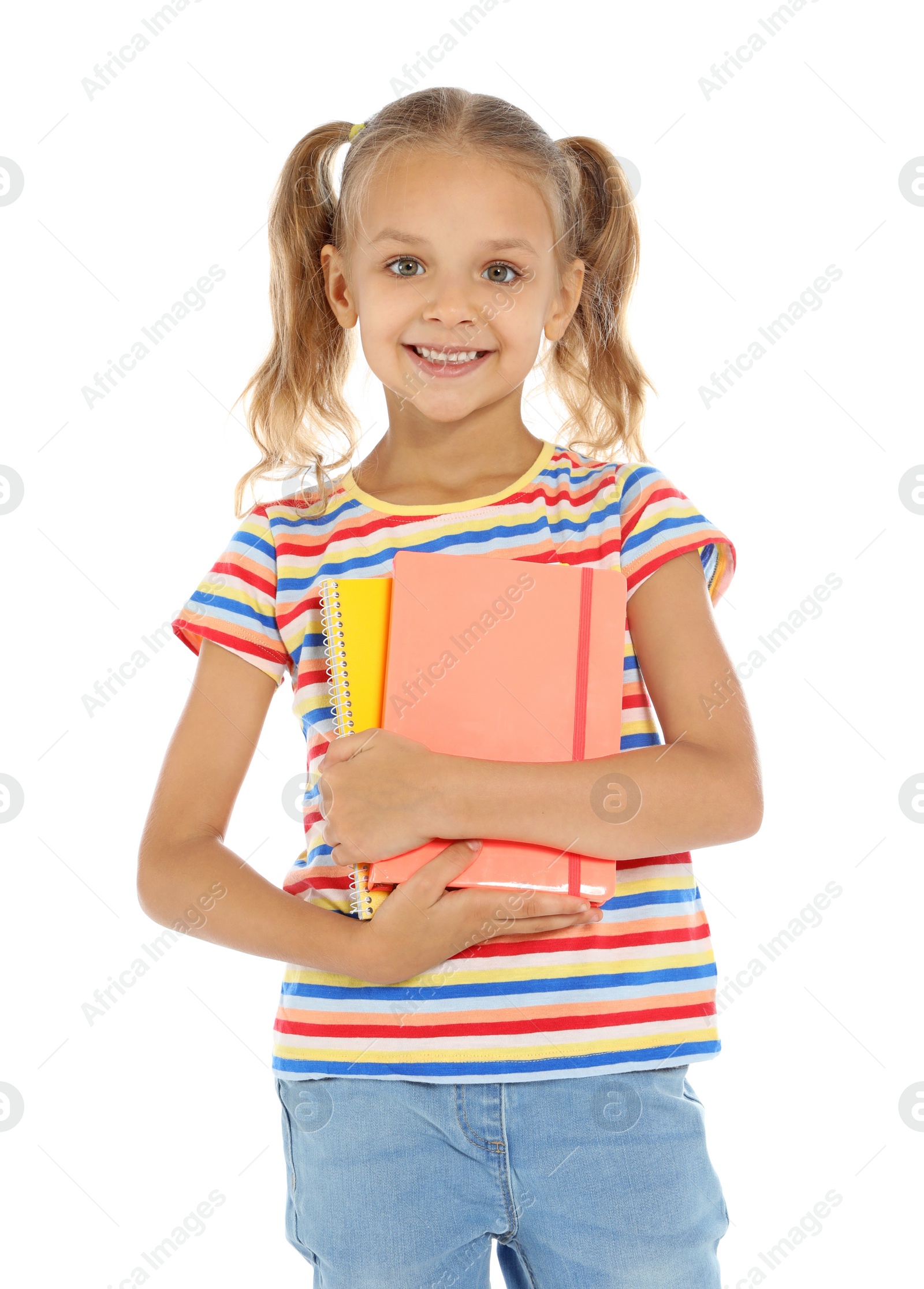 Photo of Little child with school supplies on white background