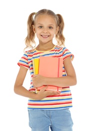 Little child with school supplies on white background