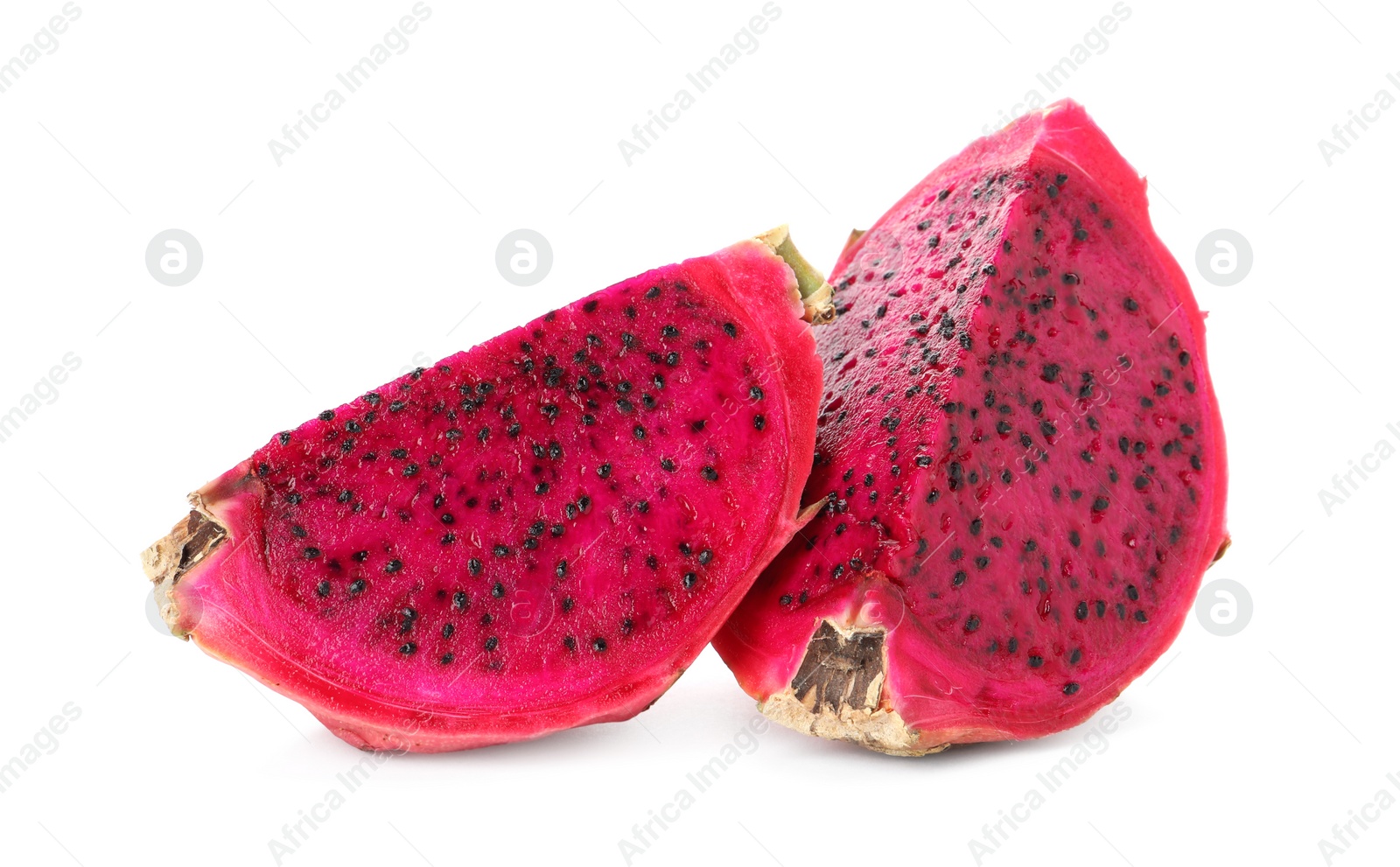 Photo of Delicious cut red pitahaya fruit on white background