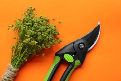 Photo of Secateur and bunch of wild flowers on orange background, flat lay
