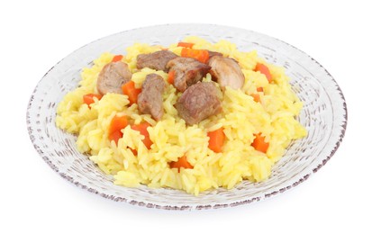 Delicious pilaf with meat isolated on white