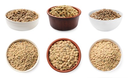 Image of Raw lentils in bowls on white background, top and side views