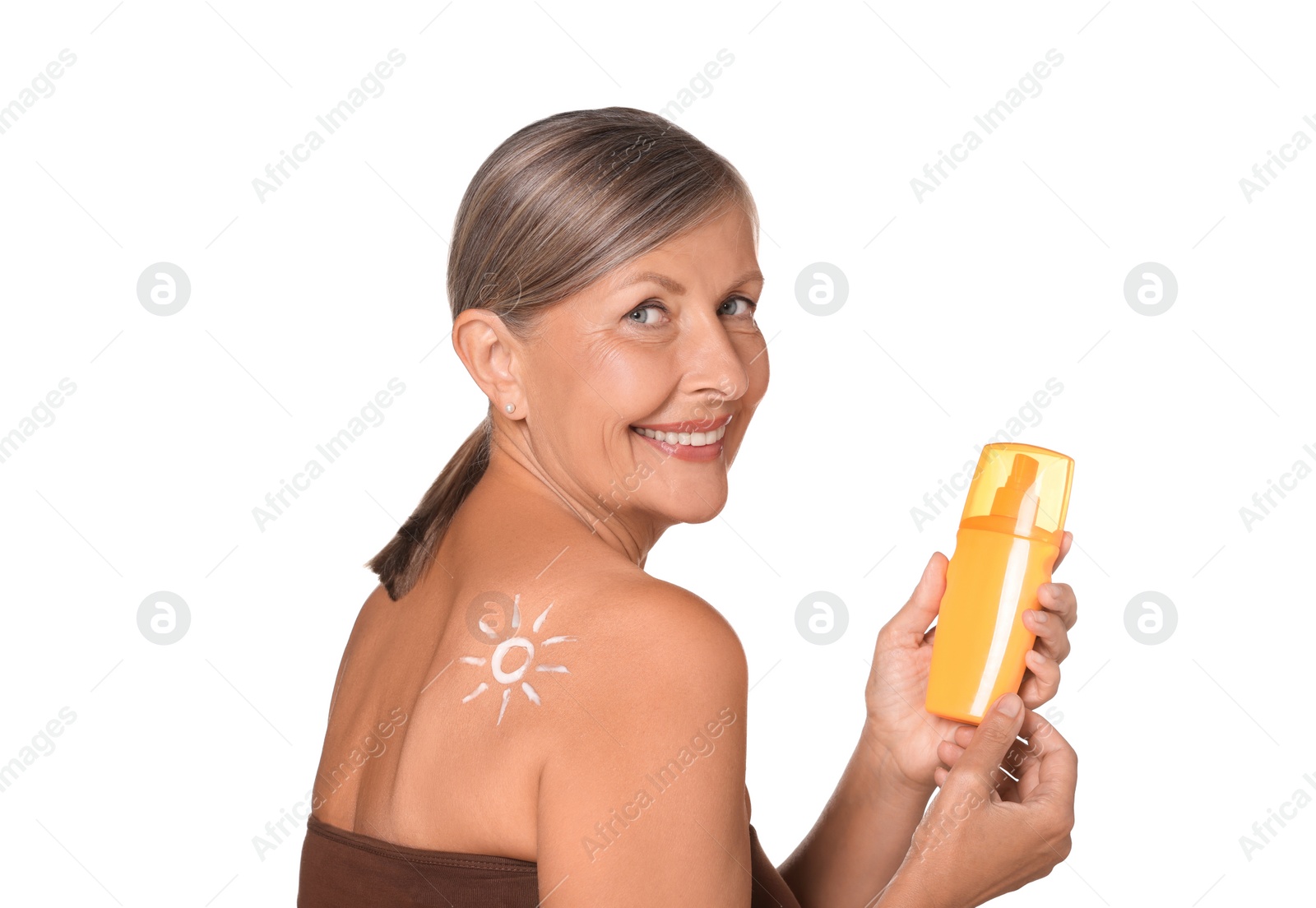Photo of Beautiful senior woman with sun protection cream isolated on white