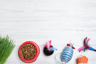 Photo of Flat lay composition with different pet toys and feeding bowl on white wooden background, space for text