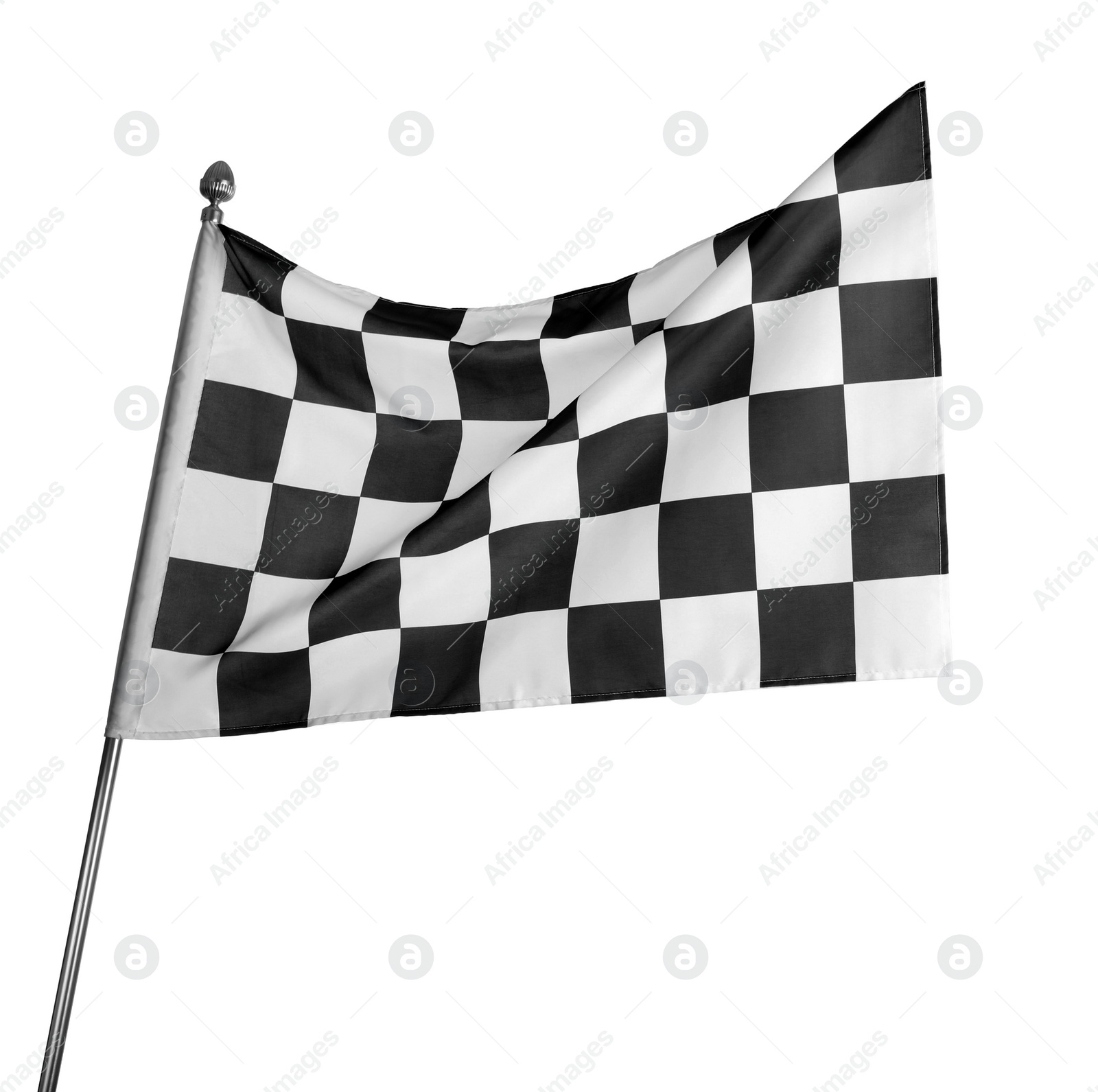 Photo of Checkered finish flag on white background. Auto racing symbol