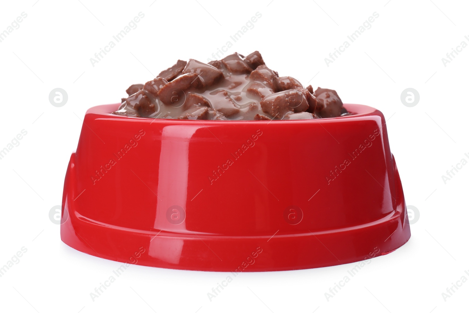 Photo of Wet pet food in red feeding bowl isolated on white