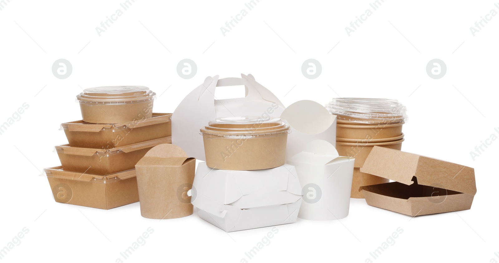 Photo of Set of different containers for food on white background