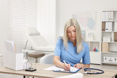 Doctor checking results of laboratory test at wooden table in clinic