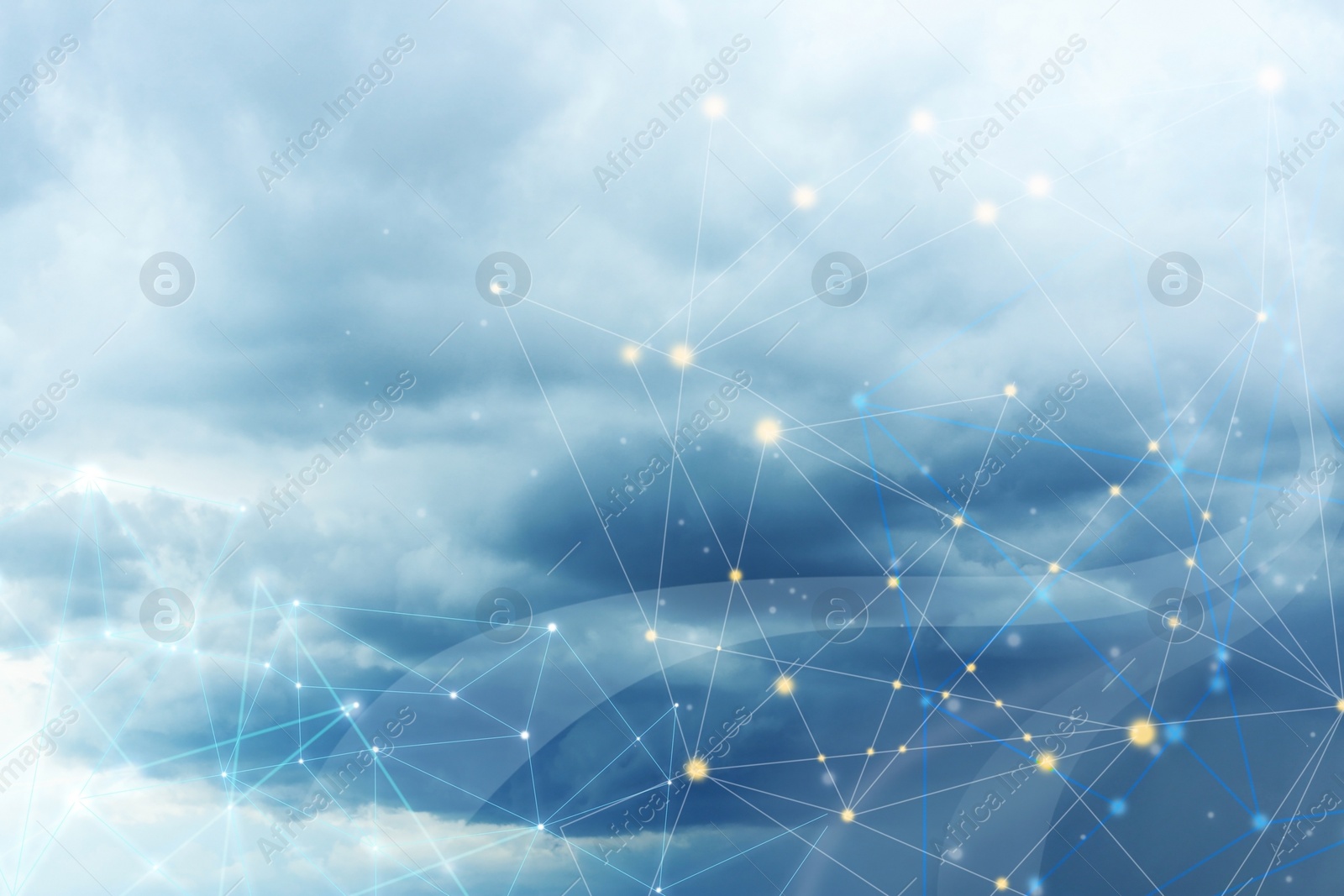 Image of Sky on grey day and network connection lines. Cloud technology