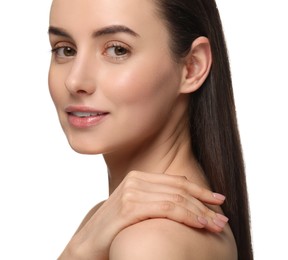 Photo of Beautiful young woman with healthy skin on white background, closeup