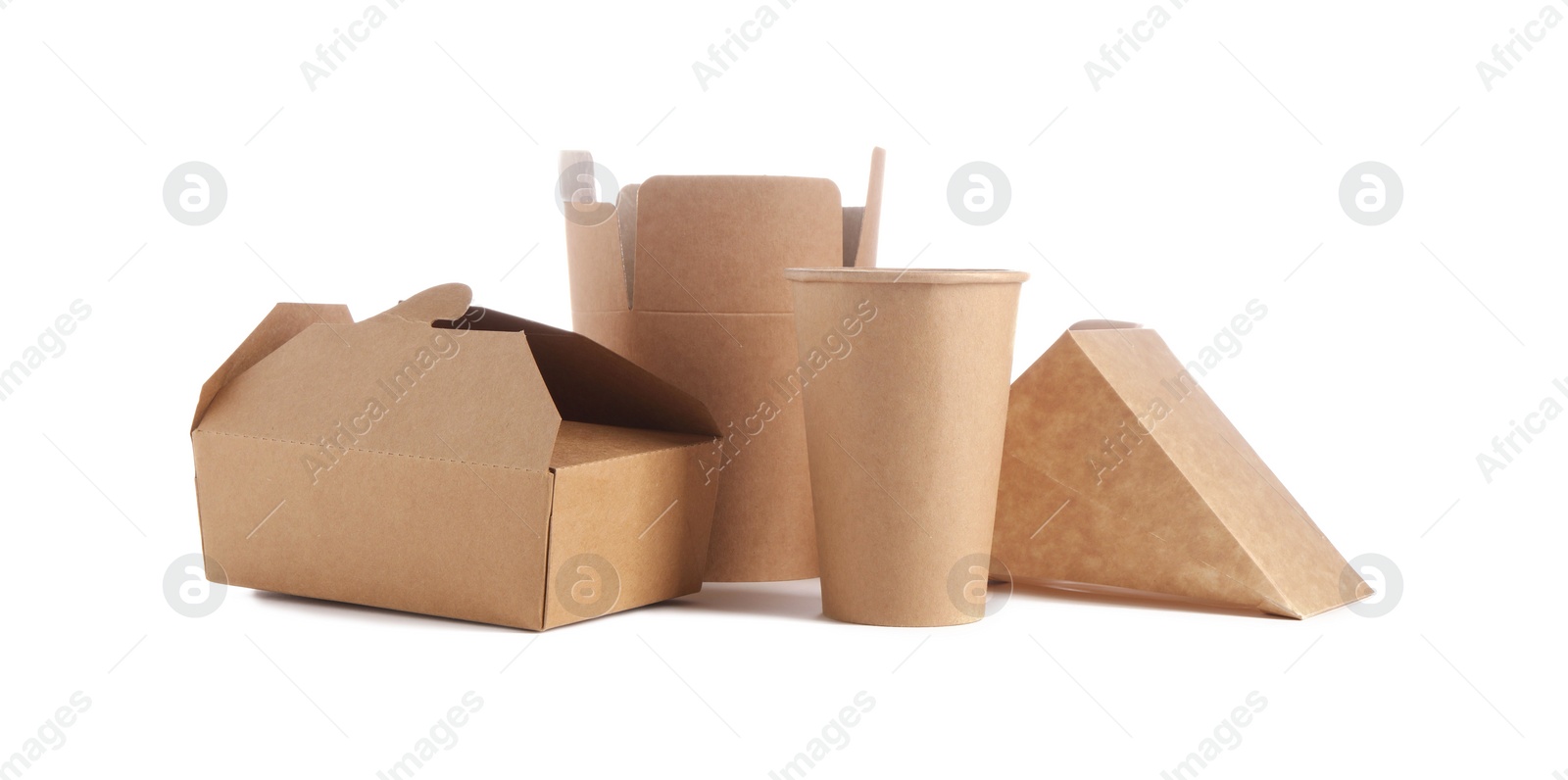 Photo of Eco friendly packaging. Disposable food containers isolated on white