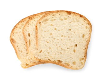 Photo of Slices of wheat bread isolated on white, top view