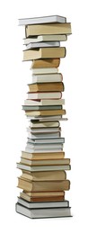 Photo of High stack of many different books isolated on white